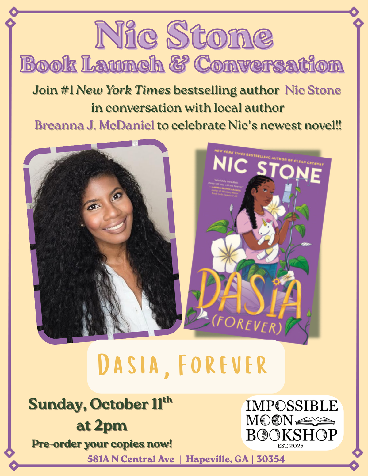 Promotional flyer for a book launch and conversation featuring Nic Stone and Breanna J. McDaniel, with the book cover for 'DASIA (FOREVER)' prominently shown.