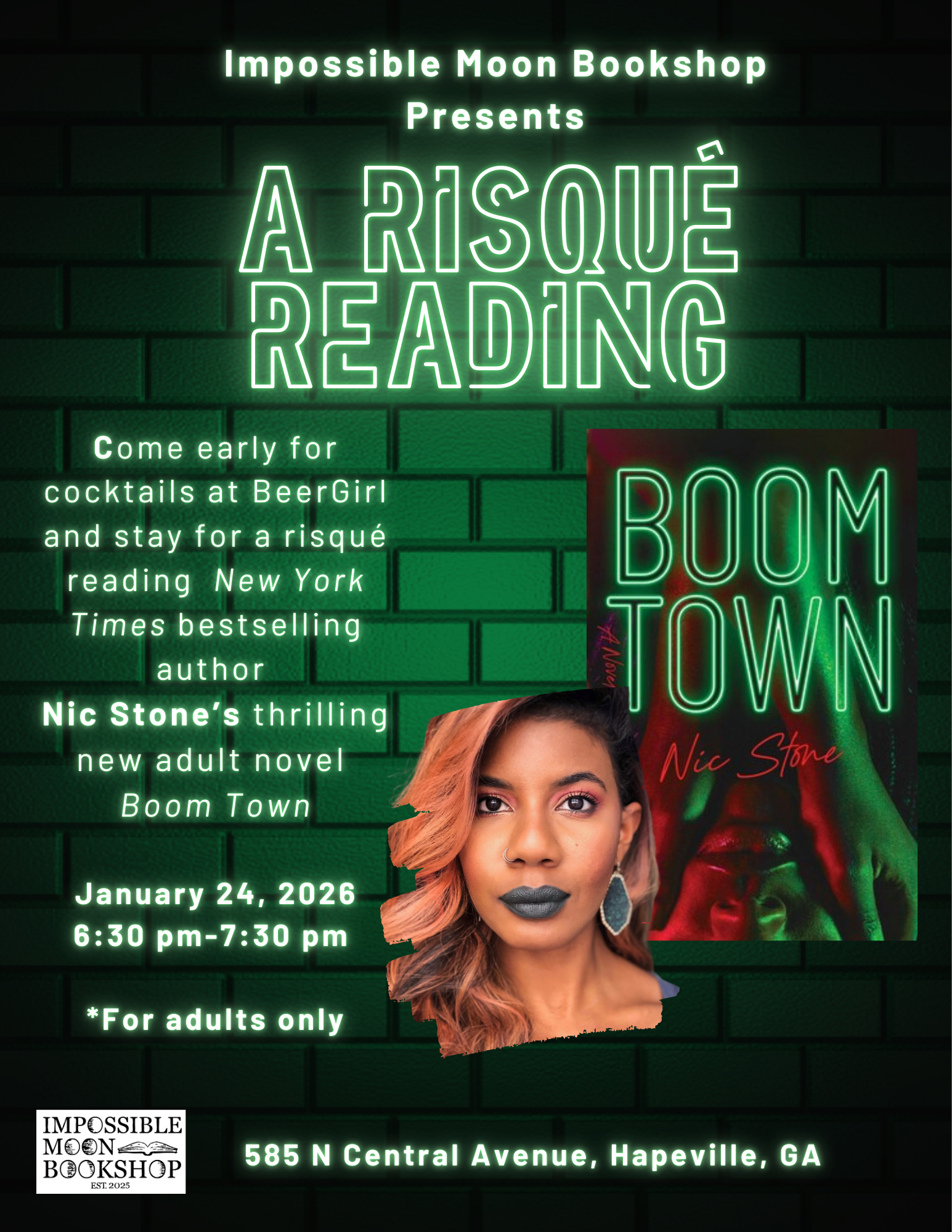 Impossible Moon Bookshop Presents, A Risqué Reading: BOOM TOWN by Bestselling Author Nic Stone